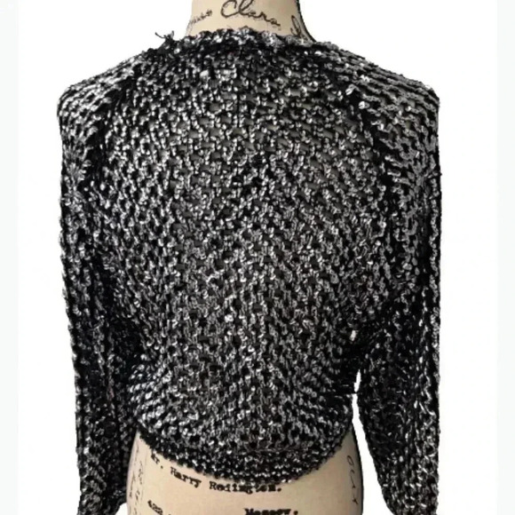 Vintage three FLAGGS SILVER BLACK SEQUIN KNIT MESH B NECK SLOUCH TOP - Picture 5 of 13